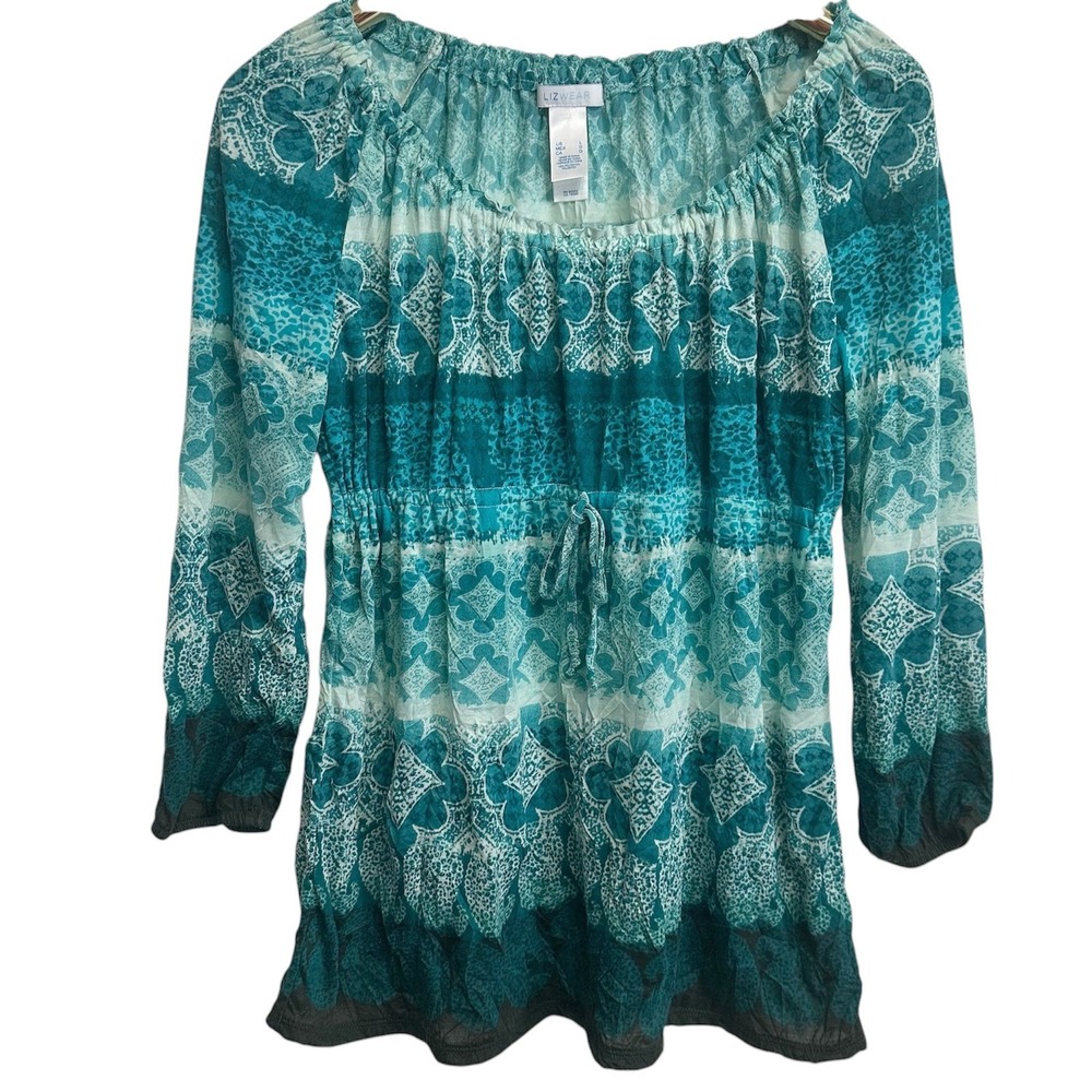 Lizwear Peasant Blouse Women Large Teal Blue Mosaic Drawstring Waist Long Sleeve